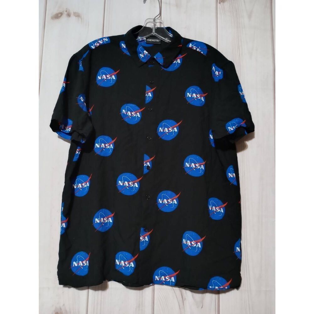 Chemistry Shirt Men's Medium NASA Black Blue Button Front Short Sleeve